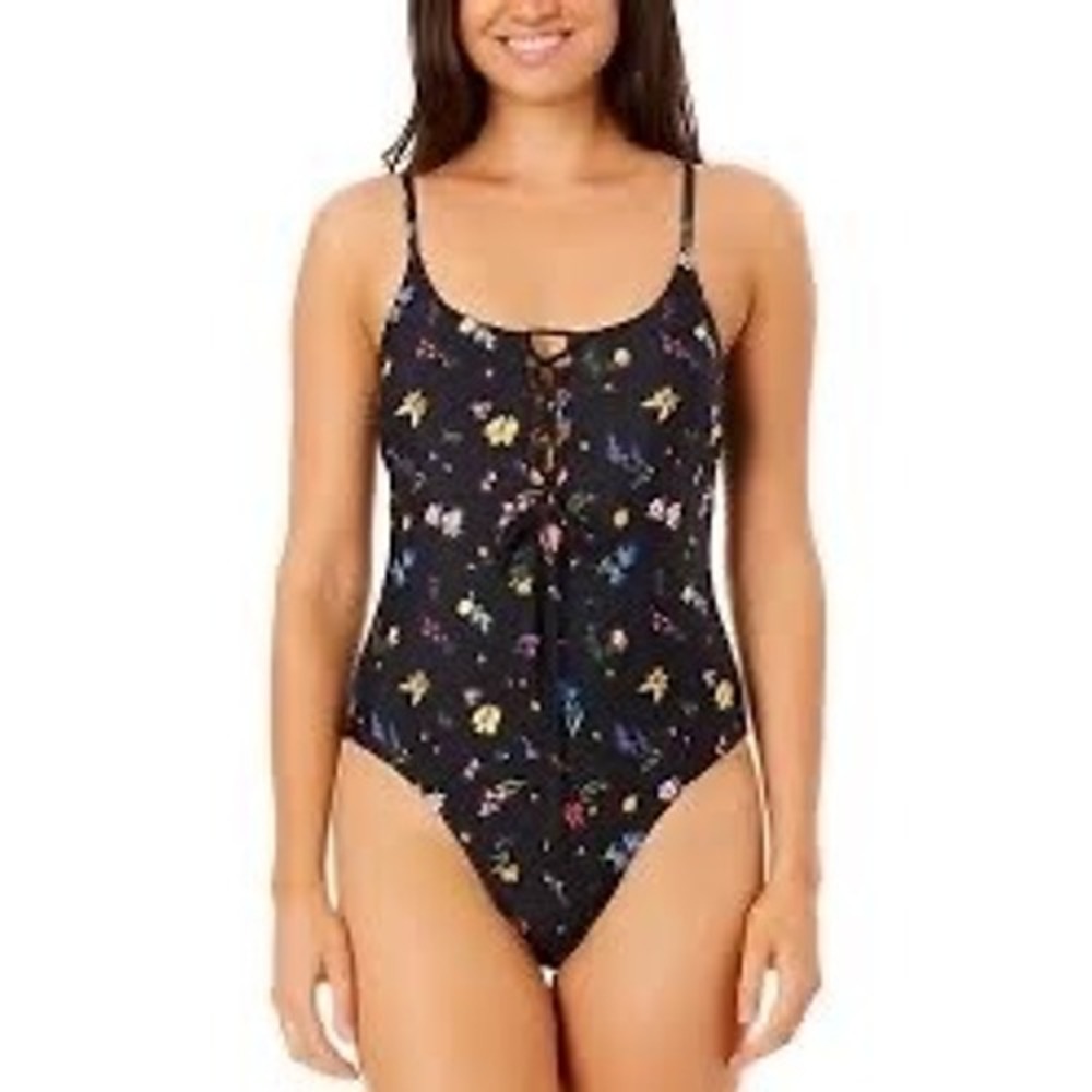NWT Salt + Cove One Piece Swimsuit Womens Black Floral Lace Up Medium $49